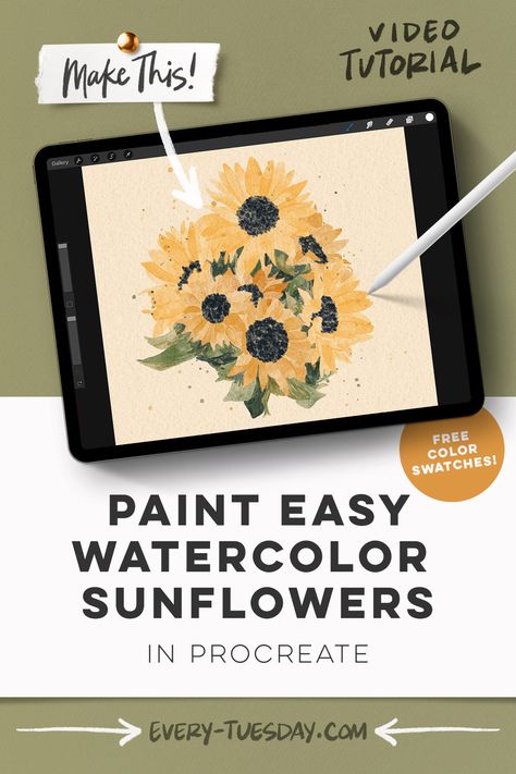 Watercolor In Procreate, Sunflower Procreate, Painting Easy Watercolor, Procreate Classes, Procreate Designs, Gauche Painting, Digital Art Tutorial Beginner, Painting Procreate, Free Paper Texture