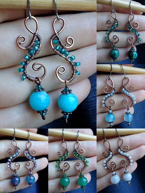 More earrings here ->  https://www.etsy.com/shop/CBradfieldDesign?section_id=37723035 Handcrafted  wire wrapped earrings with hypoallergenic steel earhooks.  Made with antiqued bare copper wire, small glass seed beads and 8mm Gemstone Beads. *Shipping * Free domestic shipping. All international orders are shipped with tracking! I'm not responsible for shipping delays, in these times delays might happen more frequently. *Packaging* The items are being shipped in new or recycled packaging, dependi Wire Earrings Handmade, Hippy Gifts, Wrapped Earrings, Clover Earrings, Agate Earrings, Wire Wrapped Earrings, Wire Crafts, Handmade Wire, Wire Work