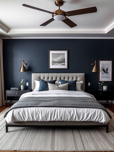 home deco ideas Grey White And Navy Bedroom, Dark Blue Bedroom Ideas For Couples, Room Color Ideas Bedroom Men, Dark Blue And Grey Bedroom, Blue And Grey Boys Bedroom, Man Room Ideas, Grey Blue Bedroom, Mens Bedroom Ideas, Room Color Ideas Bedroom