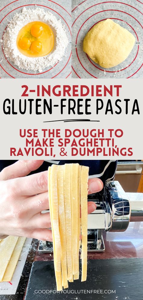 Use this 2-ingredient gluten-free pasta dough to make gluten-free pasta, spaghetti, ravioli, lasagna, dumplings, perogies, kreplach, and more. #glutenfreerecipes #celiacrecipes #celiacdiet Gluten Free Perogy Dough, Fast And Easy Gluten Free Meals, Gluten Free Ideas Lunch, New To Gluten Free, Gluten Free Pasta Dough Recipe, Home Made Gluten Free Pasta Recipe, Gluten Free Pasta From Scratch, Fresh Gluten Free Pasta, Gluten Free Dumpling Dough