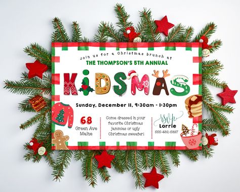 This adorable "Kidsmas" Kids Christmas party invitation can be downloaded instantly and edited seamlessly to suit your needs. Perfect for your kids holiday party this year! Send digitally or print and hand deliver! What's included in your order:  * One 5"x7" DIGITAL invitation download - all text EXCEPT "KIDSMAS" and "rsvp" can be edited on Corji Purchase - Edit - Download - Print (or send digitally)!   You can edit these and use as many times as you need! Christmas Themed Kids Birthday Party, Kids Christmas Party Invite, Kids Christmas Party Invitations, Kidsmas Party, Children’s Christmas Party, Kids Xmas Party Ideas, Christmas Party Themes For Kids, Kids Holiday Party Ideas, Christmas Party Invitations Ideas