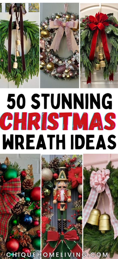 Looking to add some festive flair to your front door or home décor? These 50 stunning Christmas wreath ideas are sure to inspire you this holiday season! From classic evergreen wreaths adorned with pinecones, berries, and red ribbons to modern, minimalist designs featuring eucalyptus, white ornaments, and twinkling fairy lights, there’s a wreath for every style. Whether you love a rustic farmhouse feel with burlap and plaid or prefer a glamorous touch with glittering gold and silver accents, Porch Christmas Decorations, Evergreen Wreaths, Joy Decorations, Ribbon Wreath Christmas, Christmas Wreath Ideas, Porch Parties, Christmas Wreaths With Lights, Decorated Wreaths, Front Door Christmas Decorations