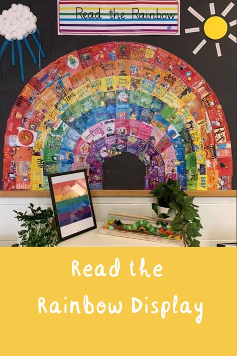 Book Rainbow Bulletin Board, Literacy Display, Rainbow Bulletin Boards, Preschool Classroom Decor, Reading Rainbow, Book Corners, Reading Corner, Library Decor, Classroom Library