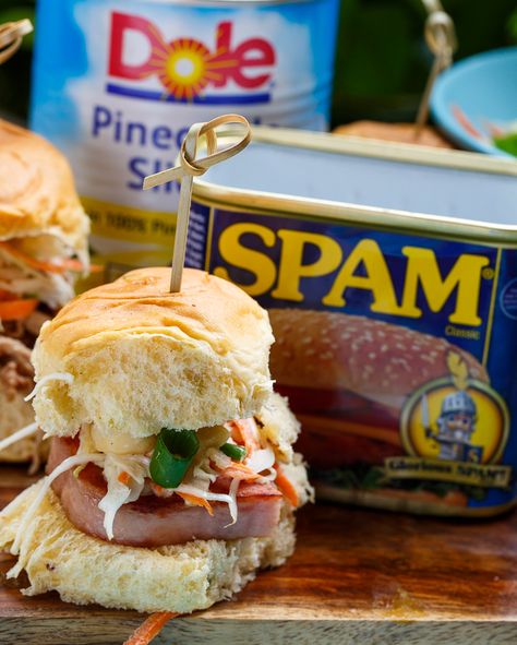 Hawaiian Spam Sliders with Tropical Slaw Spam Sliders, Tropical Slaw, Spam Bites, Spam Recipes Dinners, Weekend Therapy, Musubi Recipe, Hawaiian Sliders, Hawaiian Foods, Yummy Sandwiches