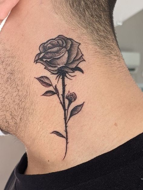 Neck Roses Tattoo, Black Rose Neck Tattoo, Flowers Neck Tattoo, Rose On Neck Tattoo, Loverboy Tattoo, Rose Neck Tattoo Men, Side Neck Tattoo For Guys Ideas, Male Flower Tattoo, Male Neck Tattoos