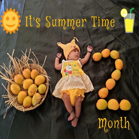 Mango Time Baby Photoshoot, Mango Season Baby Photoshoot, Mango Baby Photoshoot, Mango Photoshoot Ideas, Mango Theme Baby Photoshoot, 2nd Month Baby Photo Shoot Ideas, Monthly Photoshoot, 5 Month Baby, Baby Birthday Photoshoot