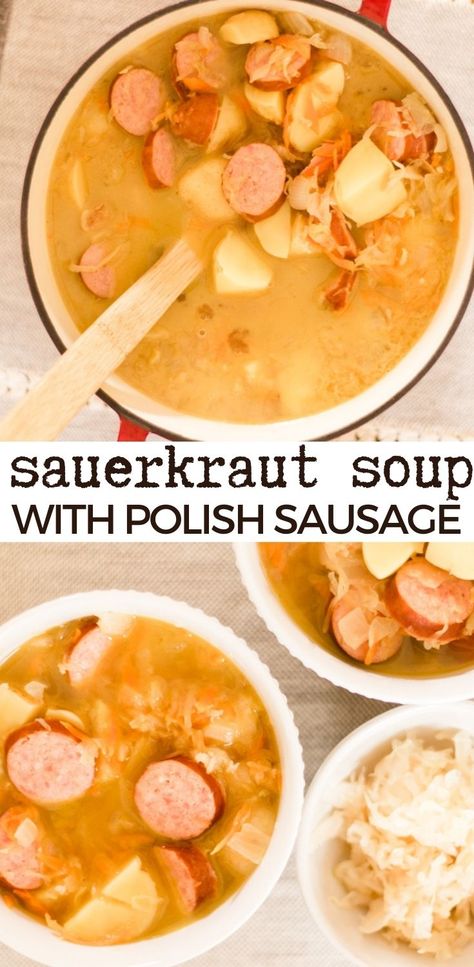 Polish Sauerkraut Soup | Kapusniak Recipe - castironskilletcooking Sourkraut And Sausage Potato Soup, Sauerkraut And Sausage Soup, Sausage Sauerkraut Soup, Diced Potatoes And Sausage, Sourkraut And Sausage, Polish Sausage Soup, Polish Sausage And Sauerkraut, Polish Sauerkraut, Polish Sausage Recipes