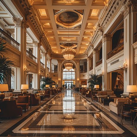 Elegant Hotel Lobby: A luxurious hotel lobby with grand columns, opulent chandeliers, and plush seating welcomes distinguished guests. #elegance #luxury #hotel #lobby #chandelier #marble #columns #grand #aiart #aiphoto #stockcake https://ayr.app/l/RxuW Hotel Lobby Double Height, Reception Aesthetic Hotel, Hotel Building Aesthetic, Fancy Hotel Lobby Aesthetic, Fancy Hotel Interior, Hotel Lobby Design Luxury Classic, Beautiful Hotel Lobby, Large Lobby Design, Aesthetic Hotel Lobby