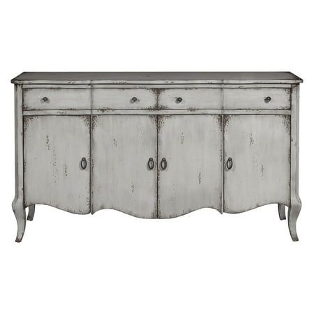 Make an impactful statement with the Right2Home Gray Distressed Credenza, which is enhanced with curvy cabriolet legs. This sturdy credenza offers a scalloped apron on the bottom and a distressed gray finish for an abundance of vintage-inspired style. A plethora of cabinet doors, two drawers, and adjustable shelving provide you with a space to hide dishware, linens, and bottles of wine. Size: 60 x 16 x 35. Vintage Buffet Cabinet, Shabby Chic Sideboard, Vintage Buffet, Buffet Cabinet, Sideboard Furniture, Sideboard Buffet, Kitchen Dining Furniture, Cabinet Doors, Kitchen Furniture