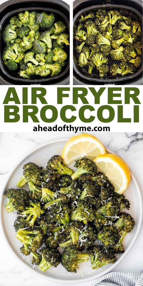 If you own an air fryer, you know that almost anything can be made faster and even more delicious with the power of air frying— especially broccoli! Crispy air fryer broccoli is a healthy side dish that complements any main course so well. It's seasoned with garlic powder, Italian seasoning, and salt, which packs on so much flavor. The best part? This quick and easy side takes only takes six minutes to cook. When it comes to last-minute recipe ideas, air fryer broccoli is...  via @aheadofthyme Broccoli Air Fryer Recipes, Air Fryer Broccoli, Vegetable Side Dishes Healthy, Potluck Ideas, Thanksgiving Food Sides, Lunch Prep, Thyme Recipes, Side Dishes For Chicken, Healthy Vegetable Recipes