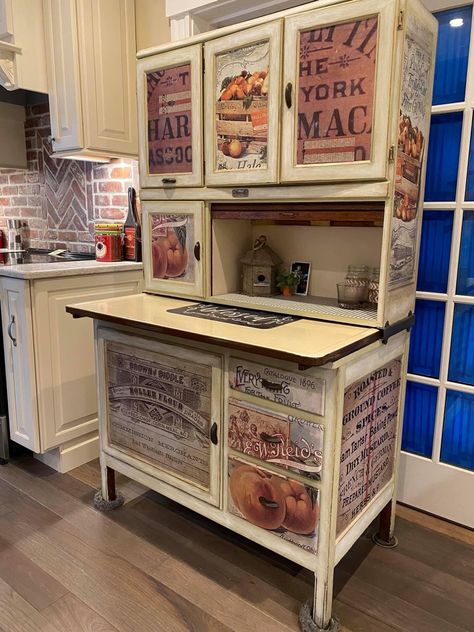 Vintage Hoosier Cabinet Makeover, Hoosier Cabinet Restoration, Antique Hoosier Cabinet Makeover, Decoupage Kitchen Cabinets, Hosier Cabinet, Hoosier Cabinet Makeover, Antique Hoosier Cabinet, Vintage Furniture Makeover, Cottage Studio