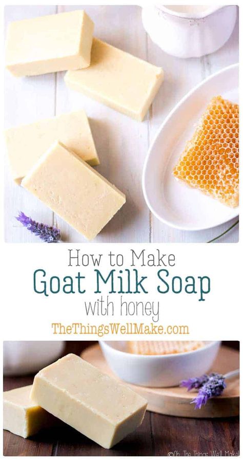 Gentle on the skin, and with a nice, creamy lather, this goat milk soap with honey is one of my favorites. Learn the techniques of making soap with both milk and honey with this recipe. #thethingswellmake #miy #soap #goatmilk #honey #fromscratch #soapmaking #soaprecipes #goatmilksoap #honeysoap Easy Goat Milk Soap Recipe, Goat Milk Soap Recipe, Milk Soap Recipe, Goat Milk Recipes, Pumpkin Spice Soap, Goat Recipes, Easy Soap Recipes, Handmade Soap Recipes, Soap Making Recipes