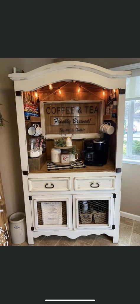 Tv Armoire To Coffee Bar, Wood Cabinet Coffee Bar, Repurposed Furniture Wine Bar, Coffee Bar Out Of China Cabinet, Bakers Rack Ideas Repurposed Outside, Coffee Bar Entertainment Center, Coffee Bar China Cabinets, Armoire Bar Repurposed, Coffee Hutch Diy