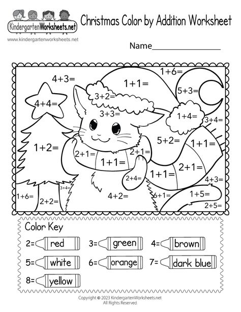 Free Printable Christmas Color by Addition Worksheet Holiday Activity Sheets, Color By Addition, Free Printable Christmas Worksheets, Christmas Worksheets Kindergarten, Christmas Multiplication, Holiday Math Worksheets, Worksheet Coloring, Activity For Kindergarten, Addition Worksheet