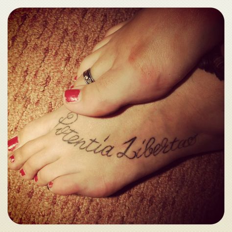 Ink line word tattoo, Latin 'potentia libertas' - power and freedom <3 my foot tattoo Libertas Tattoos, Line Word Tattoo, Word Tattoo, Foot Tattoo, Word Tattoos, Infinity Tattoo, Tatting, Tattoo Quotes, Tattoos