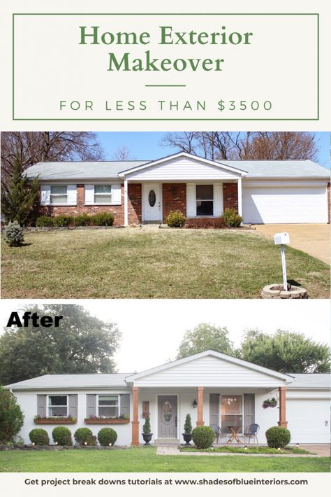 How to get a home exterior makeover for less than $3500 by doing these 8 DIY projects. By breaking up the projects over time, you can save time and money. Craftsman Style Porch, Ranch Makeover, Ranch House Remodel, Ideas For Painting, Ranch House Exterior, Painted Brick House, House Makeovers, Exterior House Remodel, Ranch Remodel