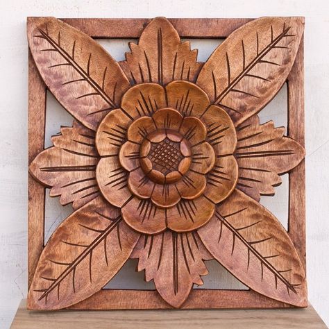 Balinese Traditional Lotus Refiel Wood Panel Carved Wood Wall Panels, Unique Wood Furniture, Wood Wall Panel, Single Door Design, Wooden Carving, Chip Carving, Engraving Art, Carving Designs, Wood Carving Art