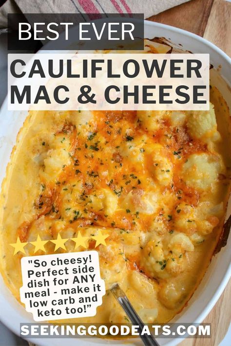 Cauliflower mac and cheese is the perfect side dish for any meal or holiday! This baked cauliflower cheese recipe is creamy and cheesy - and tastes just as good as regular mac and cheese recipes! This cauliflower with cheese sauce can be made low carb, keto, and gluten free with a simple switch of a thickening agent. Cauliflower With Cheese Sauce, Cauliflower With Cheese, Cauliflower Cheese Recipe, Cauliflower Mac And Cheese Recipe, Easter Side Dishes Recipes, Keto And Gluten Free, Cauliflower Side Dish, Cauliflower Mac And Cheese, Healthy Vegetable Recipes