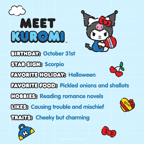 Happy October 🖤 Kuromi is our Friend of the Month and she's ready to celebrate Hello Kitty's 50th Anniversary! Here are some fun facts about our mischievous friend ✨ Reading Romance Novels, Pusheen Cute, Happy October, Reading Romance, Hello Kitty Collection, Pusheen, Small Gift, Romance Novels, 50th Anniversary