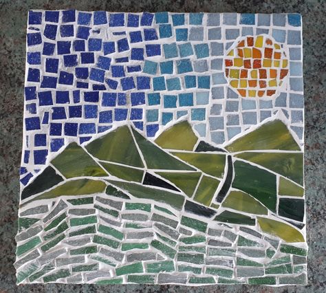 Mountain Tile Mosaic, Mountain Mosaic, Mosaic Stepping Stone, Small Toilet Room, Mosaic Tile Art, Toilet Room, Small Toilet, Mosaic Ideas, Watercolor Mountains