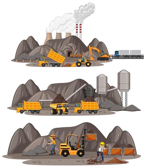 Coal mining scene with different types o... | Free Vector #Freepik #freevector #background #nature #cartoon #sun Mining Logo, Nature Cartoon, Batman Comic Cover, Dam Construction, Cartoon Sun, Construction Trucks, Background Nature, Solar Module, Construction Types