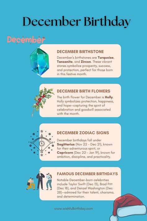 December is a month filled with warmth, festivities, and a sense of hope. If you or someone you love was born in December, there are so many fascinating things to discover. From stunning birthstones to beautiful flowers, zodiac signs, and famous personalities, let’s explore all the unique features of December birthdays. Check out November Birthday. […] December Zodiac Sign, December Born, Birthday Personality, December Birth Flower, Born In December, Short Instagram Captions, November Birthday, Famous Personalities, Half Birthday