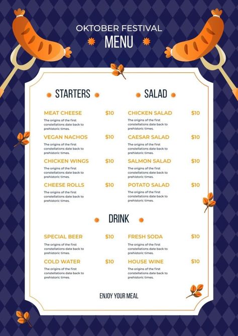 Hand-drawn Gradient Beer & Sausages Oktoberfest Menu Oktoberfest Menu Design, Oktoberfest Menu, Vegan Nachos, Salmon Salad, Brand Kit, Meat And Cheese, Menu Template, Sausages, Menu Design