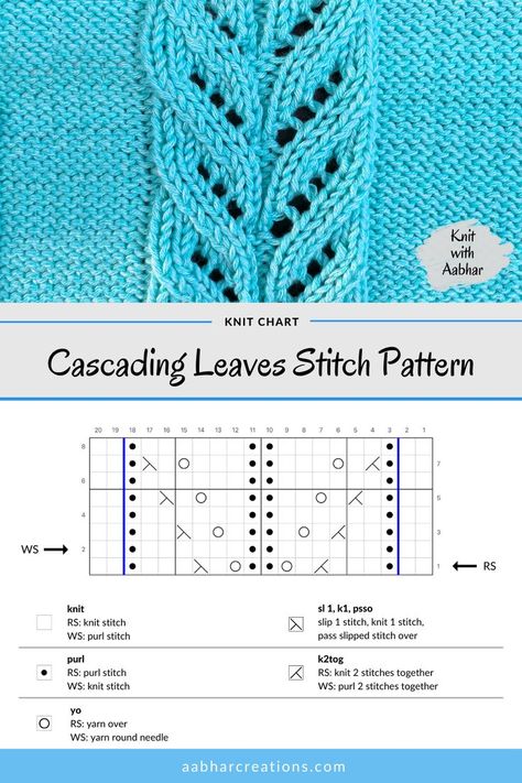 free knitting pattern and knitting stitch chart for cascading leaves knitting pattern from aabharcreations Lace Pattern Knitting Charts, Knitted Lace Patterns Free, Lace Knitting Chart, Simple Lace Knitting Patterns, Cable Charts Knitting, Simple Lace Knitting Stitches, Lace Knitting Stitches Free, Knitting Cable Pattern, Knit Lace Stitches