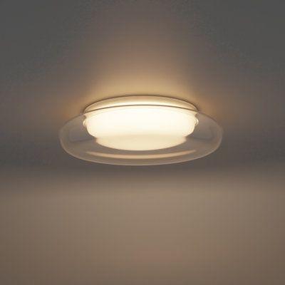 Double bubble, this series of flush mounts feature an acrylic shade that encases an internal frosted shade. Integrated LED technology evenly illuminates the inner shades. AllModern Size: 3.25" H x 13.75" W x 13.75" D AllModern Doma Glass Flush Mount in White;cream | Size 3.25" H x 13.75" W x 13.75" D Linen Flush Mount Light, Room Lights Bedroom, Glass Flush Mount Ceiling Light, Bathroom Interior Design Luxury, Wall Faucet, Dark Wood Floors, Flush Mount Lights, Brass Fixtures, Flush Mount Light