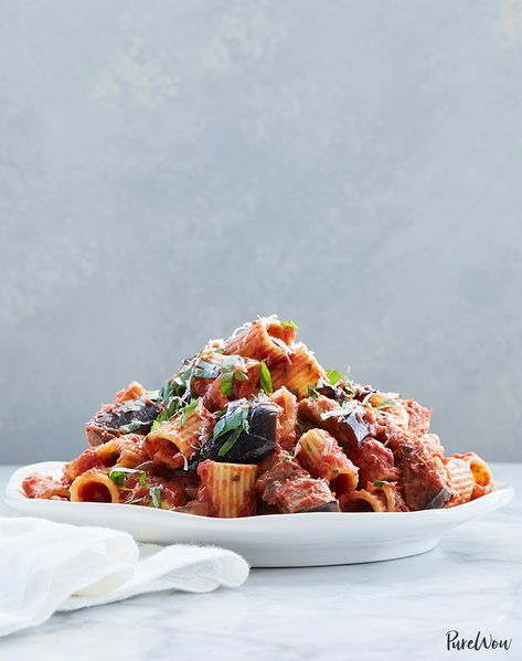 Pasta alla Norma with Eggplant, Basil & Pecorino Hanukkah Foods, Jackfruit Recipes, Lazy Dinners, Vegetarian Comfort Food, Pasta Alla Norma, Dinner Recipes Easy, Dinners To Make, Cheap Dinners, Eggplant Recipes