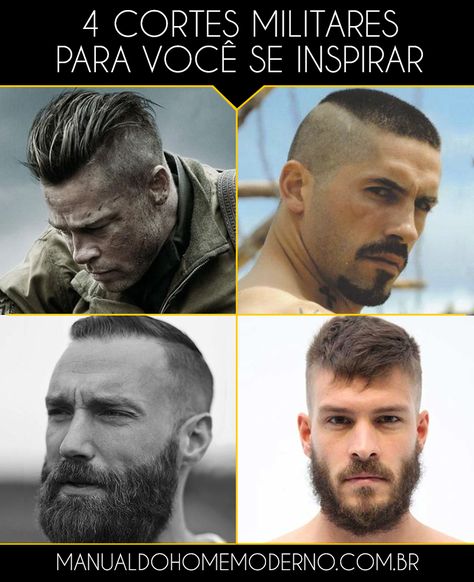 Quatro cortes de cabelo militares para você se inspirar. Men’s Military Haircut Short, Military Cut Hair Men, Military Fade Haircut, Military Haircuts Men, Gents Hair Style, Beard Hairstyle, Mens Haircuts Fade, Mens Cuts, Corte De Cabelo Masculino