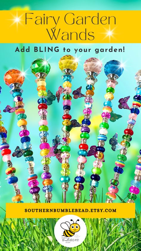 sparkly beaded plant stakes to use in gardens or plant pots How To Make Garden Fairy Wands, Fairy Garden Wands, Fairy Sticks Diy, Garden Fairy Wands Diy, Beaded Garden Stakes Diy, Beaded Plant Stakes, Garden Fairy Wands, Garden Wands, Fairy Garden Stakes