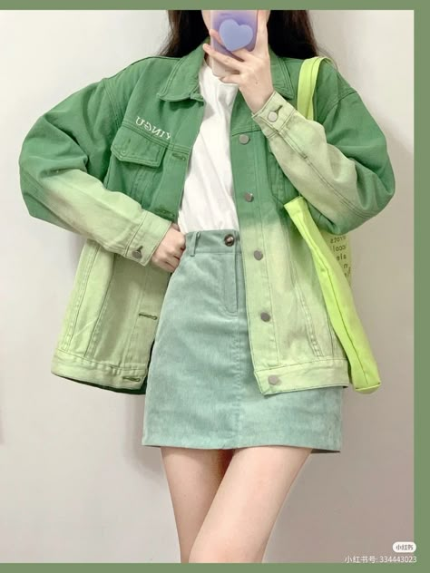 Kawaii Green Outfits, Korean Green Outfit, Green Outfit Korean, Pastel Colors Fashion, Cute Outfits With Shorts, Ootd Korean Style, Outfit Korean Style, Jacket Outfit Women, Smart Dressing