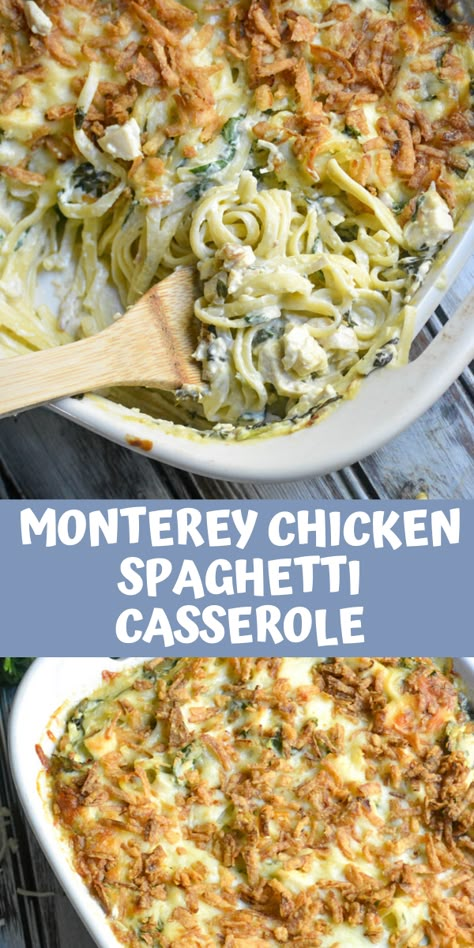 Monterey chicken spaghetti casserole is a yummy baked dish that makes the perfect freezer meal. This classic Midwestern casserole is the definition of comfort food with its tender pieces of chicken, noodles and a creamy cheesy sauce. It’s the perfect dinner to feed the family. #casserole #chicken #spaghetti Monterey Chicken Spaghetti Bake 12 Tomatoes, Overnight Monterey Chicken Pasta, Monterey Chicken Casserole, Casseroles With Spaghetti Noodles, Monterey Spaghetti Bake, Baked Spinach Chicken Spaghetti 12 Tomatoes, Monterey Chicken Spaghetti Bake, Monterrey Spaghetti, Monterey Chicken Spaghetti Casserole