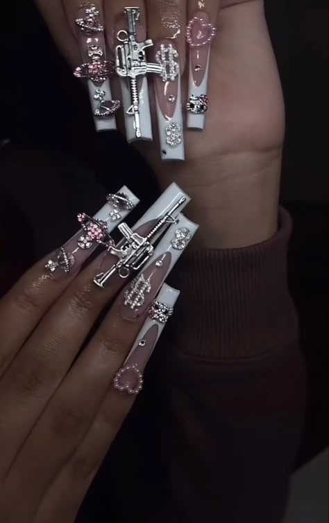 Long Tapered Nails, Tapered Nails, Gem Nail Designs, Nail Designs Bling, Planet Nails, Cross Nails, Hard Nails, Girly Acrylic Nails, Simple Acrylic Nails