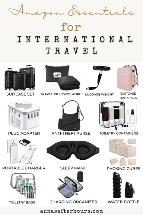 A complete list of Amazon must haves for international travel | handy foreign travel necessities that you will actually use | travel essentials| helpful trip essentials Overseas Packing List, Airport Essentials, Amazon Travel Essentials, International Travel Essentials, Must Have Travel Accessories, Ultimate Packing List, International Trip, Travel Packing List, Packing Guide