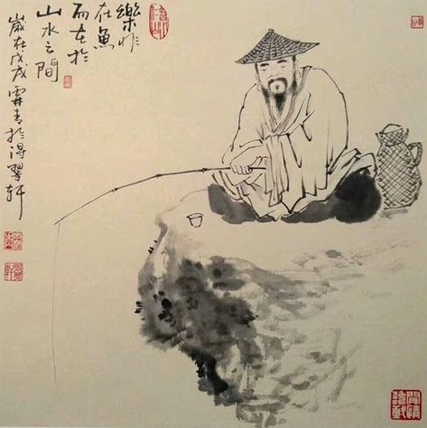 Chinese Banner, Wc Ideas, Dnd Things, Chinese Ink Painting, Old Fisherman, Japan History, Chinese Ink, Fish Man, China Art