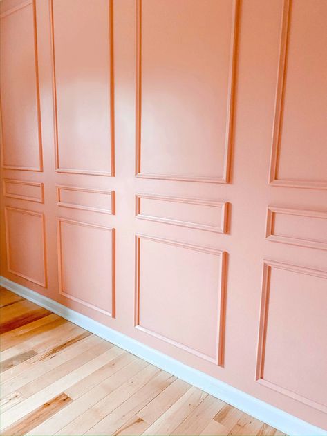 Pink Guest Room, Peel And Stick Molding, Clare Paint, Bright Laundry Room, Peach Paint, Pink Paint Colors, Peach Walls, Hotel Chic, Picture Frame Molding