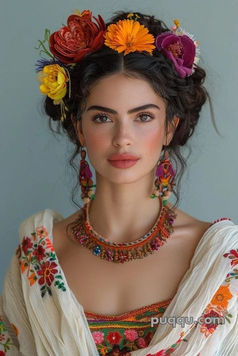 Flamenco Style Fashion, Boho Mexican Outfit, Mexican Hair Flowers, Mexican Bride Hairstyle, Mexican Braids Hairstyles, Mexican Wedding Hair, Traditional Mexican Hairstyles For Women, Mexican Make Up, Folklorico Hairstyles