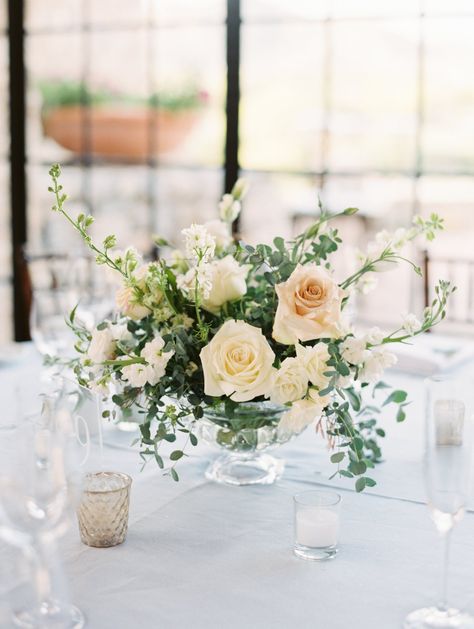 Naturalistic Wedding Flowers, White And Greenery Centerpiece, Wedding Table Centerpieces Candles, Tall Candles Wedding, Bowl Floral Centerpiece, Chandelier Garland, Head Table Candles, Italy Inspired Wedding, White Candles Wedding