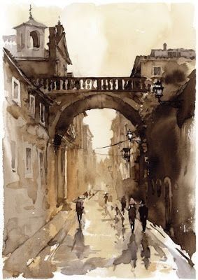 Watercolor City, Watercolor Architecture, People Walking, 수채화 그림, Watercolor Landscape Paintings, Beginner Painting, Watercolor Sketch, Urban Sketching, Architecture Sketch