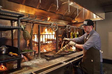 Wood Fire Kitchen, Firewood Cooking, Steakhouse Design, Asado Grill, Meat Restaurant, Wood Fired Cooking, Cooking Restaurant, Chef John, Bbq Grill Design