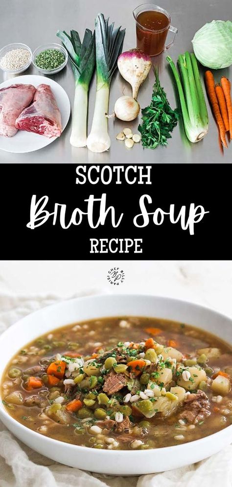 This tasty Scotch broth soup recipe is loaded with vegetables, fall off the bone slow cooked lamb shanks, and tender-cooked barley. You will be blown away by the delicious flavors in this traditional Scottish soup recipe. I’ve long said that soup is my first love because I adore making it and eating it. Scottish Broth Soup, Scottish Soups And Stews, Lamb Barley Soup, Lamb And Barley Soup, Lamb Broth Soup, Lamb Soup Bones, Lamb Broth Recipes, Lamb Bone Soup, Scottish Soup Recipes