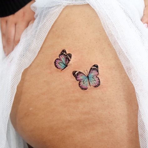 Colourful Butterfly Tattoo, Coloured Butterfly, Colorful Butterfly Tattoo, Purple Tattoos, Butterfly Back Tattoo, Torso Tattoos, Tattoo Butterfly, London Tattoo, Delicate Tattoo