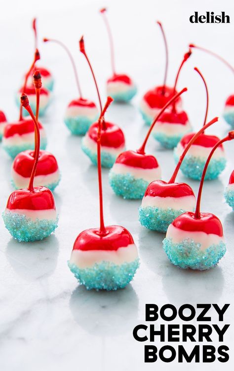 Boozy Cherry Bombs Will Light Up Your Fourth Of JulyDelish Individual Desserts With Alcohol, Alcohol Fruit Soaked Recipes, Food With Alcohol In It Recipes, Alcohol Treats For Parties, Booze Infused Fruit, Drunken Fruit Recipes Alcohol, Boozy Halloween Treats, Alcoholic Candy Recipes, Alcohol Dessert Recipes