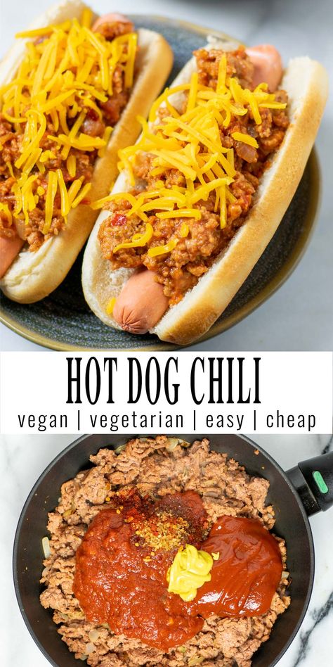 Make this easy Hot Dog Chili and enjoy the perfect texture and taste going on top of your hot dogs. It takes just under 15 minutes for the homemade hot dog sauce to come together using only simple ingredients like vegan ground beef, tomato sauce and fantastic seasonings. Suitable for vegans and vegetarians. #vegan #vegetarian #dairyfree #dinner #lunch #mealprep #condiment #hotdogs #contentednesscooking #hotdogchili Easy Hot Dog Chili, Beef Tomato Sauce, Vegetarian Hot Dog, Chili Dog Sauce, Chili Dog Chili Recipe, Vegan Casseroles, Hotdog Chili Recipe, Homemade Hot Dogs, Hot Dog Chili Sauce