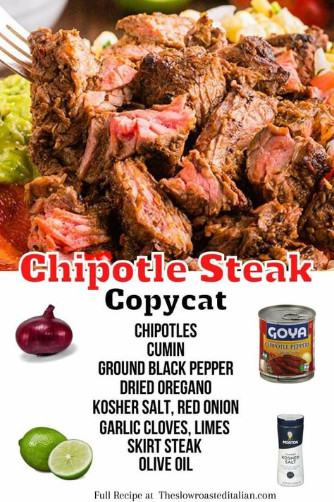 Chipotle Copycat Steak Recipes, Chipotle Steak Copycat Recipes, Chipotle Steak Copycat, Mercado Steak Recipes, Steak Chipotle Bowl Recipe, Chipotle Copycat Steak, Chipotle Steak Marinade, Adobo Steak, Chipotle Meat