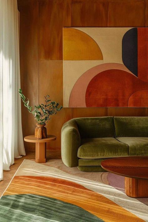 Bright Orange Living Room, Retro Interior Design 1970s Modern, Pnw Living Room, Trendy Interior Design 2024, Desert Interior Design Living Room, 70s Minimalism Interior, Relaxing Interior Design, Colorful Mcm Living Room, Mid Century Modern Tv Room