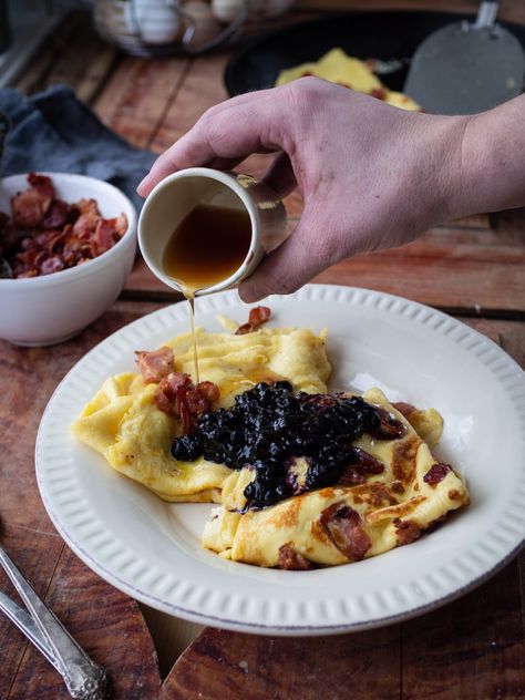 Norwegian Pancakes with Bacon, Syrup and Blueberry Compote (Fleskepannekaker) - North Wild KitchenNorth Wild Kitchen Norwegian Pancakes, Pancakes With Bacon, Wild Kitchen, Pancakes For Dinner, Blueberry Compote, Pork Bacon, Norwegian Food, Seasonal Cooking, Scandinavian Food