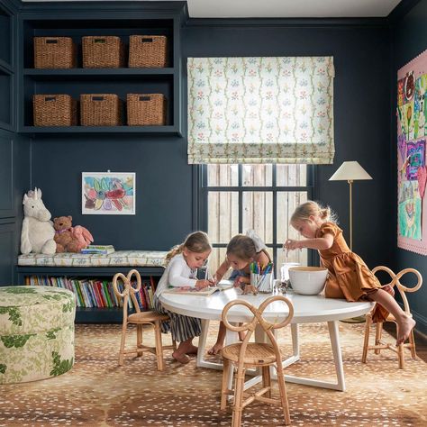 Katie Davis Design, Katie Davis, Lulie Wallace, Basement Playroom, Office Playroom, Playroom Design, Dark Walls, Kids Playroom, Kid Spaces